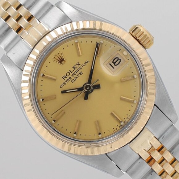 Rolex Ladies Date 26mm Two-Tone Champagne Dial Fluted Jubilee Band Watch 6917 - Picture 1 of 10